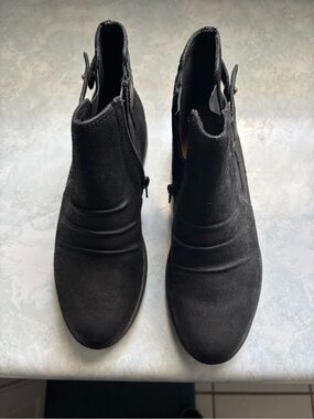 Clarks Black Suede Ankle Booties with Side Zip and Buckle